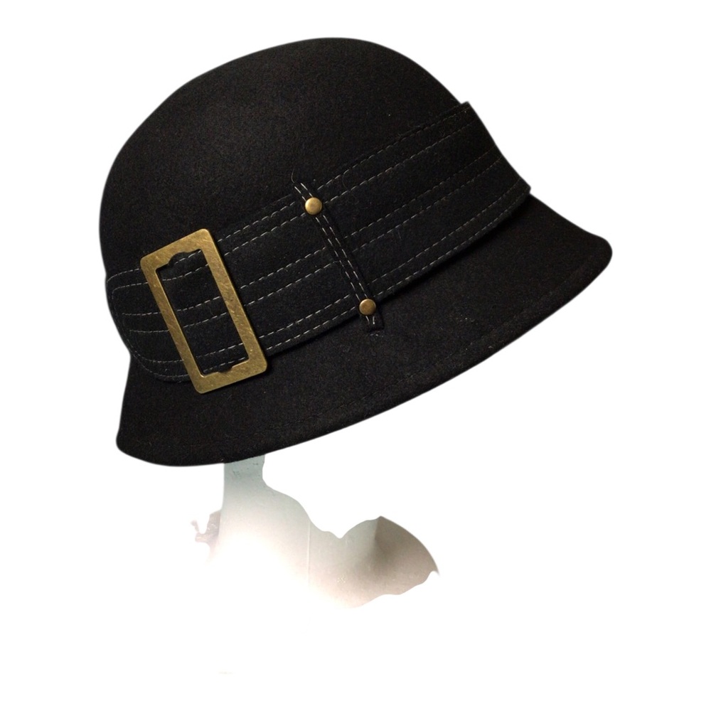Scala Cloche Classic Black Felt Cloche Hat Decorative Buckle 100% Wool